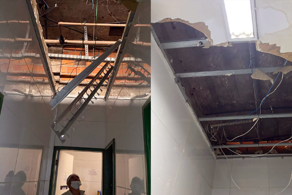 Funcionários do Hospital de Urgência de Teresina registraram o momento em que parte do teto desaba em um corredor da instituição durante a chuva.