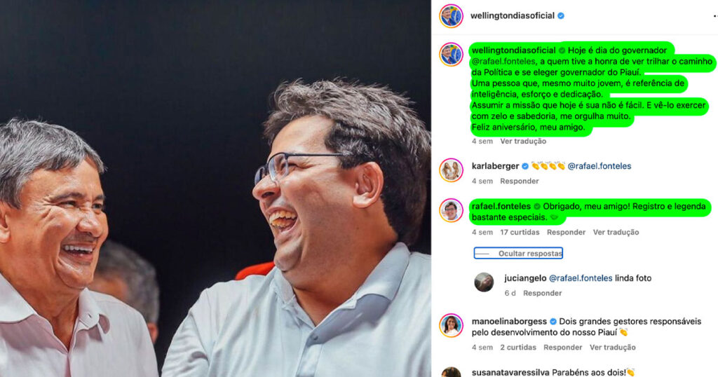 Instagram do ministro Wellington Dias: em 90 dias, apenas uma menção a Rafael Fonteles.