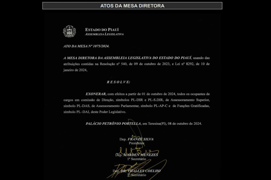 Documento exonerando todos os servidores da Assembleia Legislativa, assinado pela Mesa Diretora e o presidente, Franzé Silva