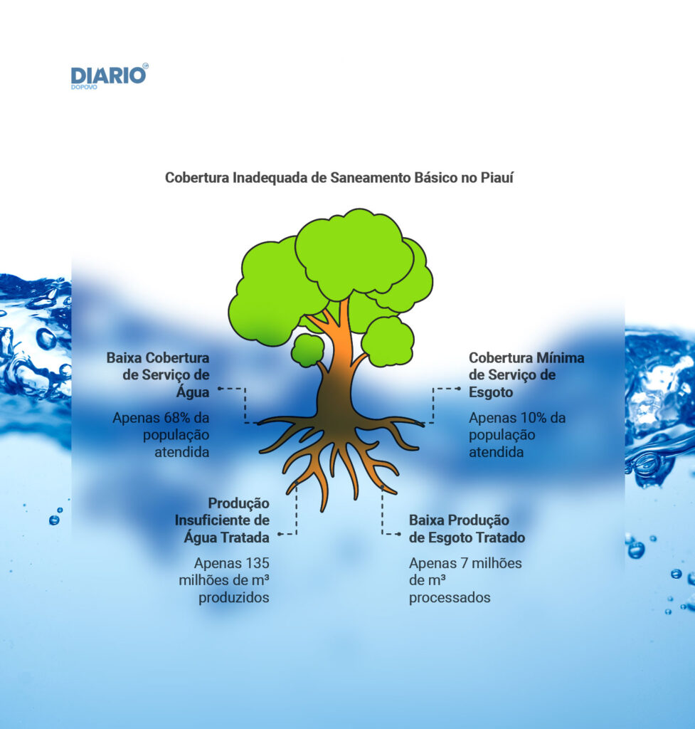 Situação atual do saneamento básico no Piauí Cobertura de serviços: Água: 68% (515.497 contas e 133.152 km de rede) Esgoto: 10% (60.778 contas e 1.668 km de rede) Produção anual de saneamento: Água tratada: 135 milhões de m³ Esgoto tratado: 7 milhões de m³