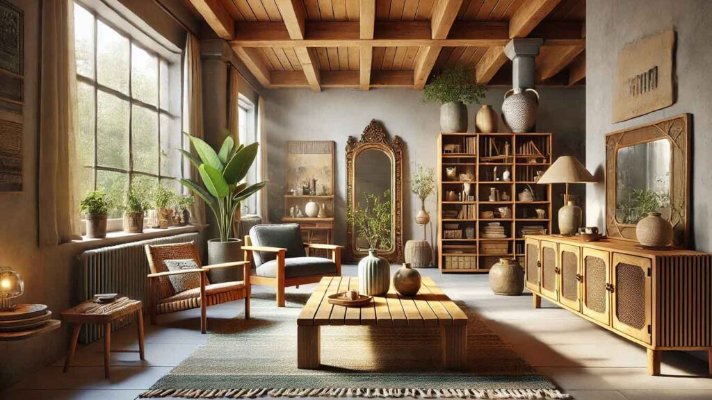Sala com decoração sustentável, estilo biophilic e móveis de madeira natural