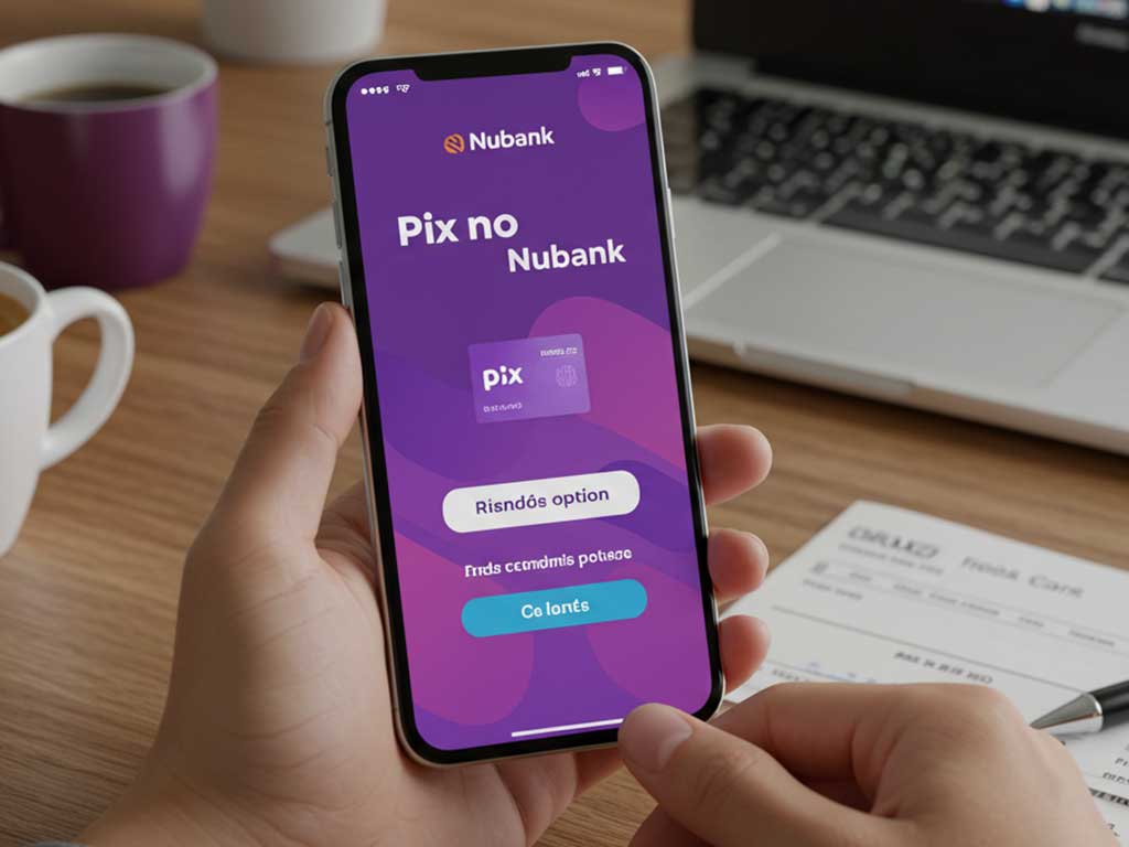 Uma pessoa segura um smartphone exibindo a tela do aplicativo Nubank com a opção Pix no crédito Nubank selecionada. O fundo apresenta um ambiente moderno com laptop, café e documentos financeiros, reforçando a ideia de praticidade e controle financeiro digital.