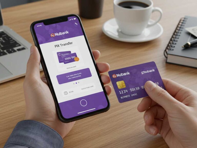 Uma pessoa segurando um smartphone com a tela do aplicativo Nubank aberta, mostrando a opção de fazer Pix usando cartão de crédito Nubank. A outra mão insere os detalhes do cartão. O fundo exibe um ambiente moderno e bem iluminado, com um laptop, uma xícara de café e um caderno de planejamento financeiro, transmitindo um clima profissional e tecnológico.